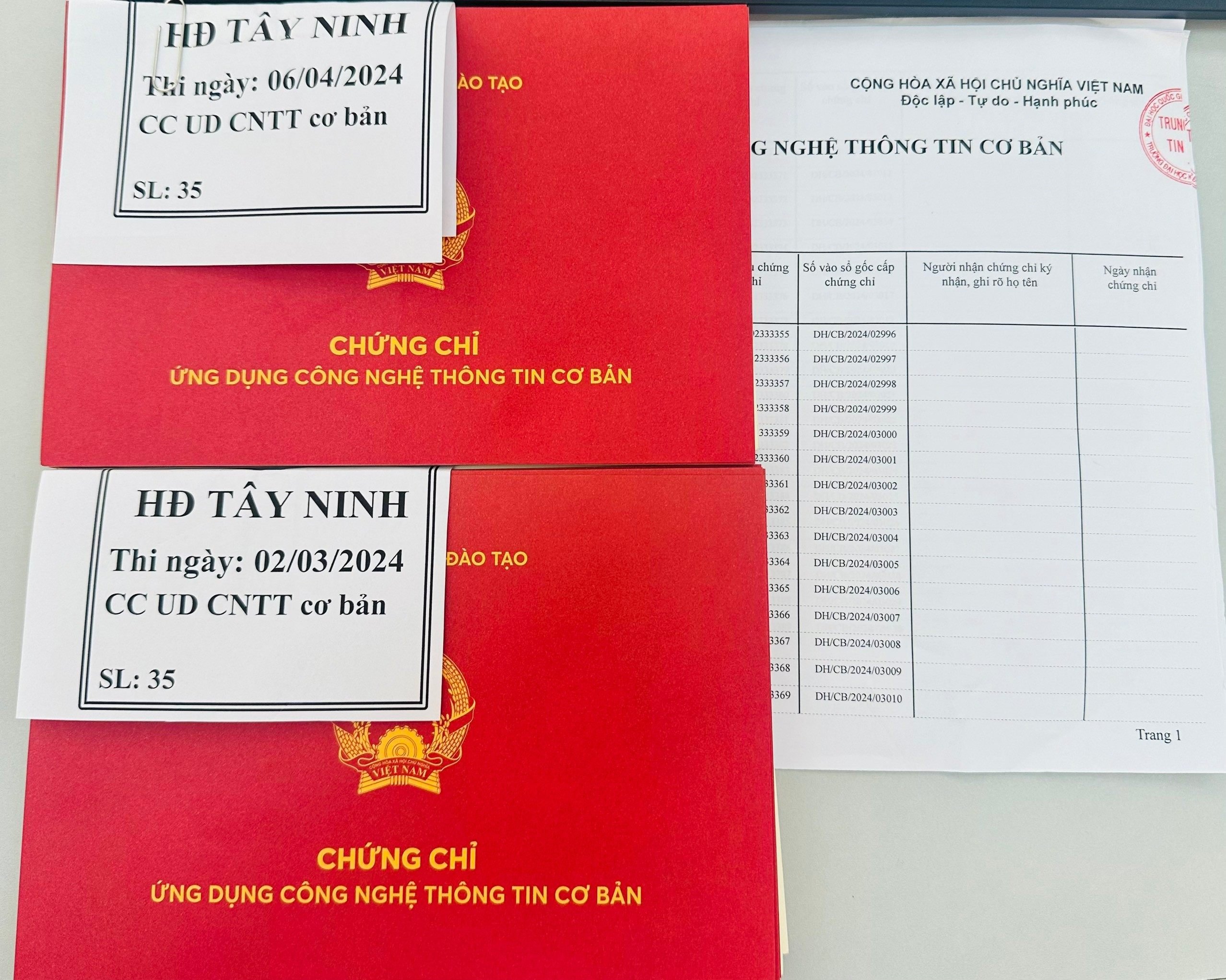 Thông báo nhận chứng chỉ ứng dụng CNTT Cơ bản đợt thi ngày 02/3/2024 và 06/4/2024